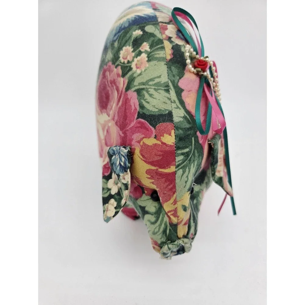 Vintage Handmade Floral Stuffed Pig Piggy Figural Flower‎ 90s Pillow Bow Stands!